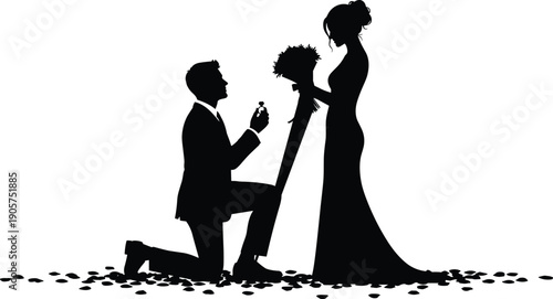 Romantic wedding proposal silhouette featuring a man kneeling with a ring to a woman for engagement 