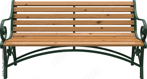 Detailed vector illustration of a classic park bench featuring light wood slats and a dark green ornamental frame