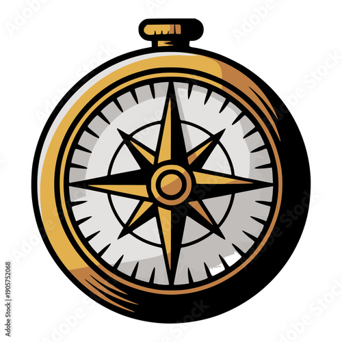 Navigational Compass: A detailed graphic of a classic navigational compass, featuring a gold-toned bezel, a white dial with directional markings, and a striking gold compass rose.