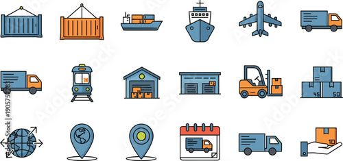 Logistics And Cargo Transportation Icon Set Featuring Shipping Containers, Air Freight, Delivery Trucks And Warehouse Distribution Vector Collection