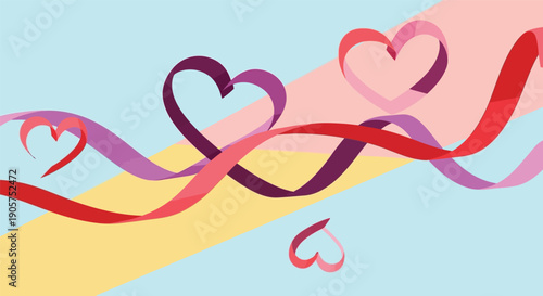 A colorful illustration of intertwined hearts and ribbons on a pastel background