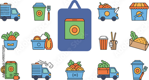 Organic food delivery and grocery flat line icon set with vegetables, eco packaging, takeaway drinks and farm produce vector illustration