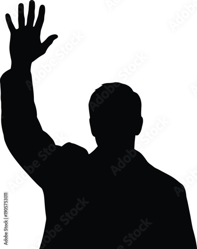 Businessman silhouette raises one hand in a gesture of greeting or signaling while standing against a plain background.