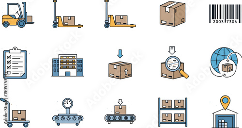 Shipping and warehouse logistics flat line icon set with forklift, barcode, inventory, conveyor, storage and global delivery vector illustration