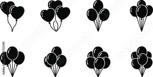 Black heart balloons icon set for valentine's day and love celebrations