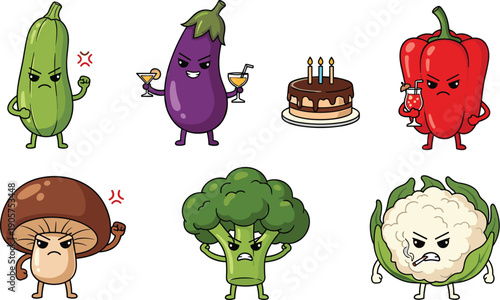 Angry anthropomorphic vegetables and mischievous cake characters with expressive faces, humorous party scene, whimsical food illustration concept