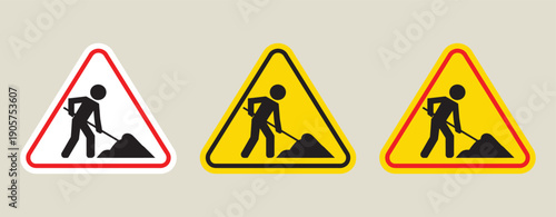 Road Works Warning Signs Set, Construction Hazard Icons