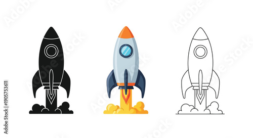 Collection of three stylized space rocket launch icons representing startup business speed and progress