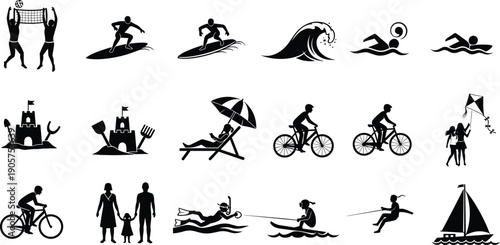 Black silhouette icons of beach vacation activities including surfing, swimming, cycling, parasailing, kite flying, sandcastle building, sailing