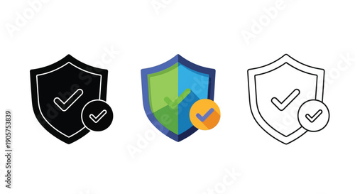 Set of verified protection shield icons demonstrating security success across different graphical styles