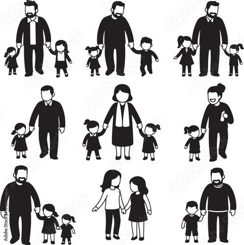 Family people silhouette set parents children holding hands walking together