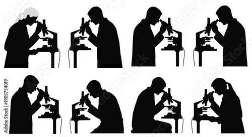 Set of black silhouettes showing male and female scientists working with microscopes in a laboratory 