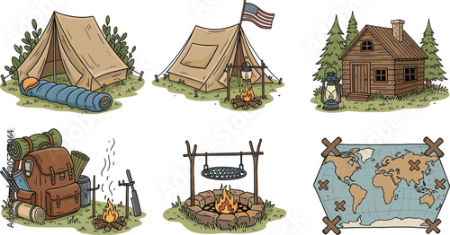 Camping tents, log cabin, backpack, campfire, lantern, world map, outdoor adventure gear, wilderness exploration, travel and survival essentials