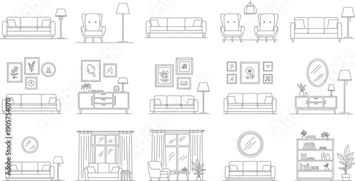 A collection of 16 line drawings of furniture isolated on transparent background