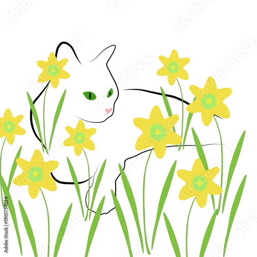A simple drawing of a cat lying among flowers. Perfect for a poster, card, scrapbooking, tag, invitation, or sticker set. EPS 10 vector design. Space for text.