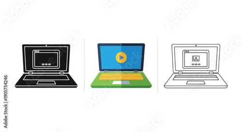 Collection of three different style icons representing modern laptop computers with digital displays
