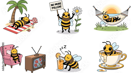 Cartoon bees relaxing in humorous leisure activities, beach vacation, hammock, teacup, protest sign, cozy armchair, playful illustration
