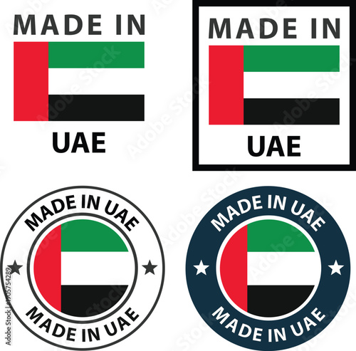 Set of Made in UAE seal, United Arab Emirates product tag label sign. Made In UAE stamp sticker. flat style