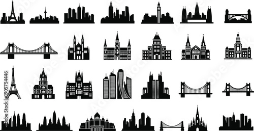 Collection of iconic world landmarks, bridges, skylines, and famous architectural silhouettes in black and blue design vector illustration