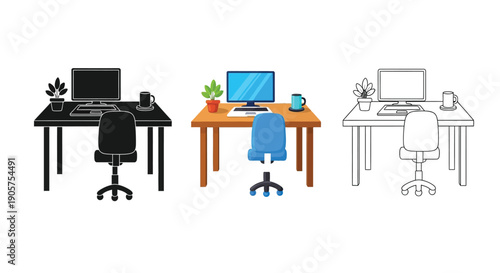 Collection of modern computer workstations shown in silhouette color and outline drawing styles