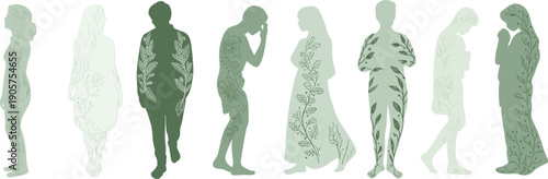 Abstract human silhouettes with botanical patterns symbolizing nature connection emotions identity diversity isolated on white background modern artistic illustration