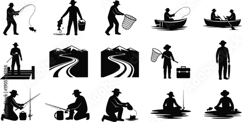 Fishing icons collection with silhouettes of anglers, boats, nets, outdoor scenes, recreational fishing activities, mountains, and nature