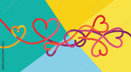 A colorful abstract illustration of intertwined hearts on a vibrant geometric background