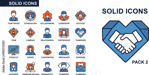 Corporate leadership icon pack featuring strategy stakeholder management and team cohesion illustrations for business and organizational design projects