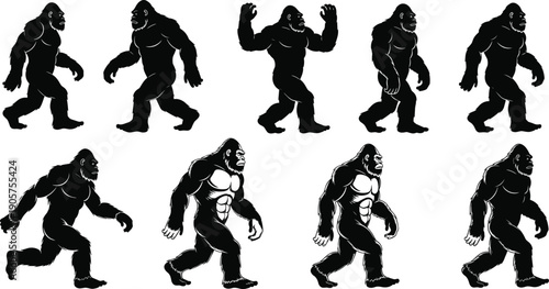 Set of Nine Black Silhouette Vector Illustrations Featuring a Strong Gorilla or Big Foot in Various Walking Running and Posing Action Frames,
