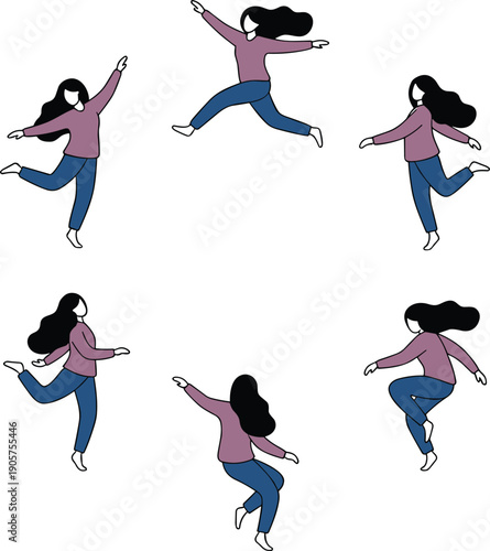 Flat illustration set of woman dancing in joyful poses expressing freedom movement energy creativity isolated on white background