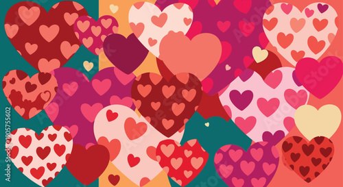 A colorful illustration of various sized hearts in different shades of pink, red, and purple on a teal background