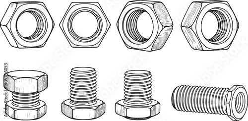 Set, of, Black, Silhouette, Vector, Icons, Featuring, Various, Professional, Metal, Bolts, and, Hex, Nuts, for, Construction, Repair, Hardware, Industry, and, Engineering, Designs