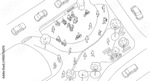 Isometric city park scene with pedestrians cyclists cars and benches showing urban public space activity line art illustration