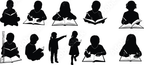 Silhouettes of children reading and writing in classroom setting, educational activities promoting literacy, childhood learning and development