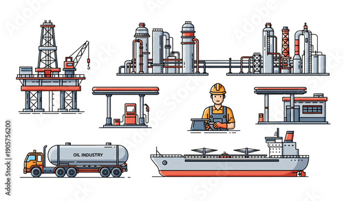 Oil and gas industry outline vector illustration bundle with drilling rig refinery worker gas station tanker truck and tanker ship isolated on transparent background