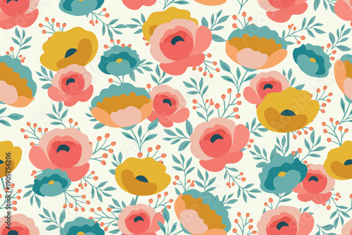 Seamless floral pattern with soft pastel blooms, teal leaves, and mustard accents on a light background, playful, modern, and perfect for cheerful decor.
