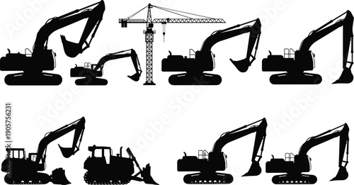 Silhouettes of construction vehicles including excavators, bulldozers, and tower crane, heavy machinery equipment for building and excavation projects