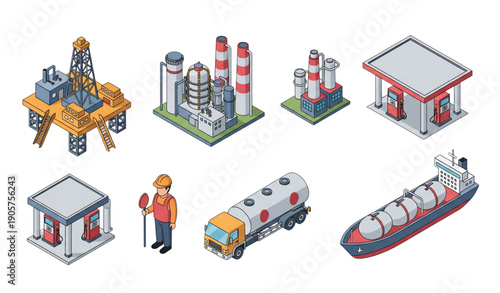 Isometric oil and gas industry vector set with refinery drilling platform worker gas station tanker truck and ship isolated on transparent background