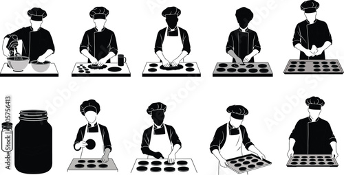 Step by step illustrated process of baking cupcakes muffins with chef preparing ingredients filling tray oven cooking tutorial