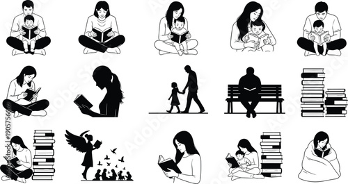 Stylized illustrations of people reading books, adults with children, stacks of books, education bonding imagination solitude learning scenes