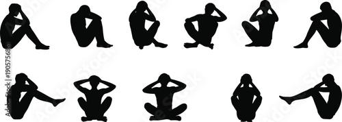 Stressed sitting people silhouette set showing emotional distress body language poses isolated on white for mental health conceptsStressed sitting people silhouette set showing 