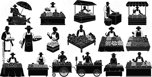 Traditional marketplace vendors selling fruits, vegetables, and fish at colorful stalls, carts, and booths with vibrant produce displays