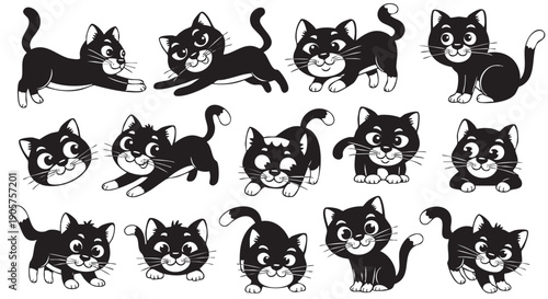 Collection of cute cartoon black and white cats in various playful poses