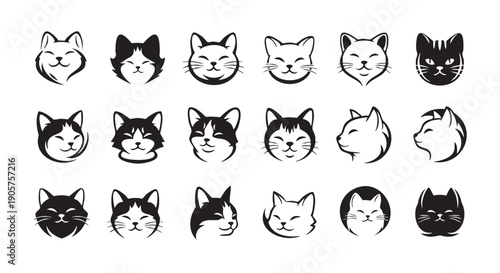 Collection of cute cartoon cat faces with various expressions and poses