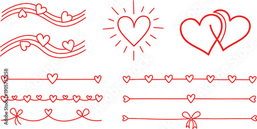 A collection of hand-drawn red heart dividers and borders, perfect for Valentine's Day decorations and romantic graphic design projects.