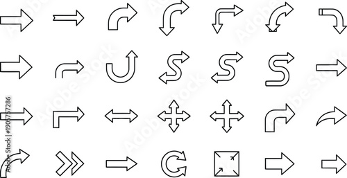 A comprehensive collection of various arrow icons and direction symbols in simple black outline on a clean white background.