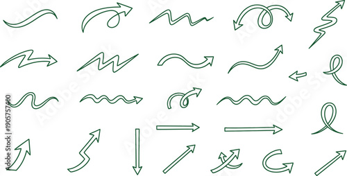 A comprehensive collection of hand-drawn arrows featuring diverse styles including wavy, zigzag, curved, and looping designs for graphic projects.