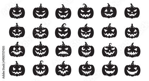 Collection of Halloween pumpkin jack o lantern faces isolated on transparent