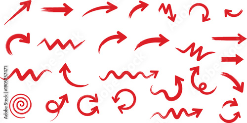 A collection of various hand-drawn red arrows in different shapes and directions, including zigzag, curved, and straight lines, isolated on a white background.