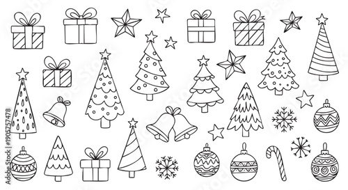 Collection of hand drawn Christmas holiday elements and winter icons